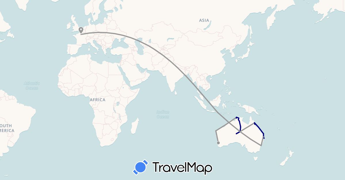 TravelMap itinerary: driving, plane in Australia, France, Indonesia (Asia, Europe, Oceania)
